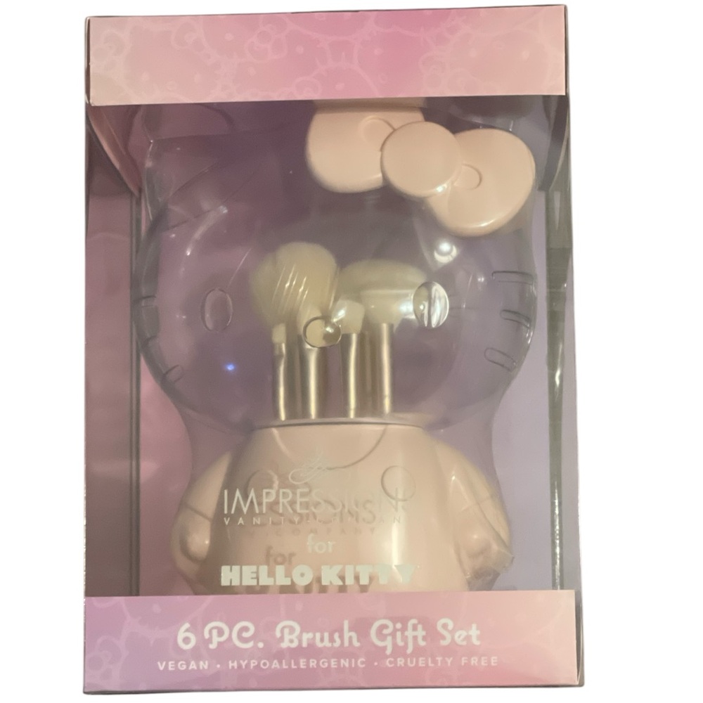 NIB Hello Kitty Impressions 6 Pc Makeup Brush Gift Set W/Container Matte Pink